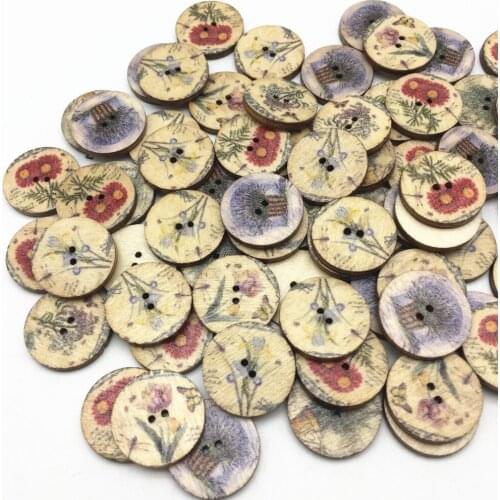 100pcs 20mm Natural Mixed Flowers Grass Buttons For Scrapbooking Sewing Decorative Wood Round Button Crafts Embellishments