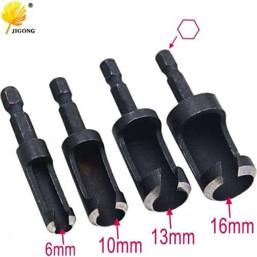 4pcs Carbon Steel Carpenter Woodworker Hole Wood Plug Cutter Cutting Power Tool Wooden Drill Bit Hex Shank 6mm 10mm 13mm 16mm