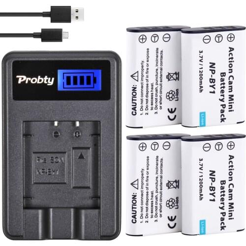 4Pcs Probty NP-BY1 NP BY1 NPBY1 Battery + USB LCD Charger For Sony HDR-AZ1VR AZ1 AZ1V AZ1VR Sport Action Cam Mini Camcorder