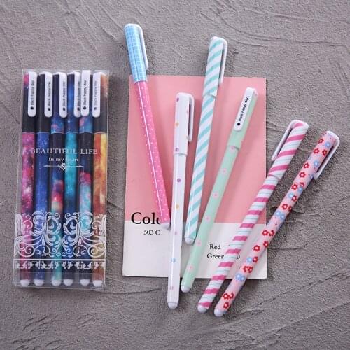 6Pcs/Set Starry Sky Gel Pens Kawaii 0.5mm Black Gel Ink Pens Office School Stationery Supplies Student Exam Spare Writing Pens