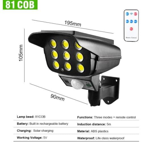 77 LED Solar Light Motion Sensor Security Dummy Camera Remote Wireless Outdoor Flood Light 3 Lighting Mode Waterproof Wall Lamp