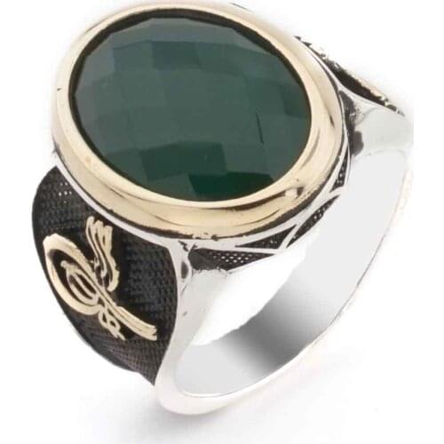 925 sterling Silver Green Zircon Stone Tuğra Detailed Male Ring