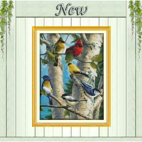 Birch birds in the tree decor painting counted print on canvas DMC 14CT 11CT Chinese Cross Stitch Needlework Sets Embroider kits