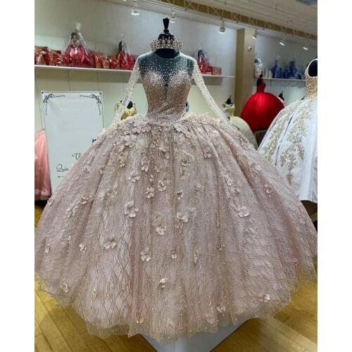 Sparkly Sequins Champagne Ball Gown Quinceanera Dress Sheer Neck Sweet 16 Party Dress vestido de 15 anos