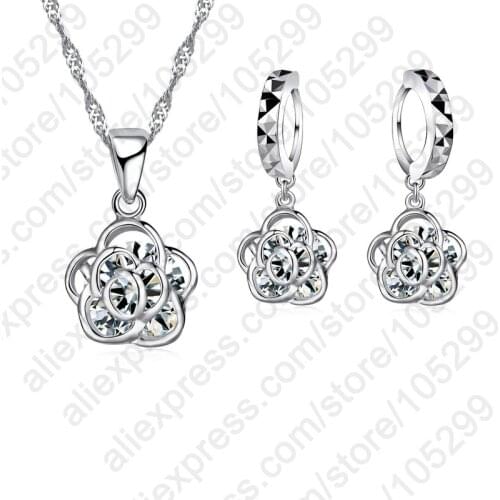 Elegant Princess Flower Jewelry Sets 925 Sterling Silver Crystal Pendant Necklace Earrings Set For Women