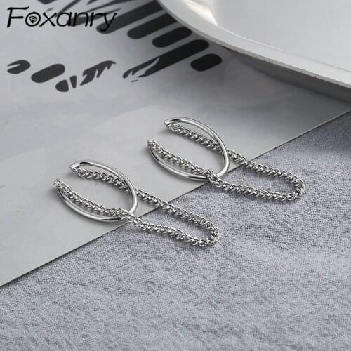 Foxanry Prevent Allergy 925 Sterling Silver Drop Earrings New Tredny Vintage Couples Hip Hop Punk Tassel Chain Party Jewelry