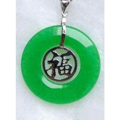 Emerald Green Jade White Gold Plated Fortune Round Pendant Chain Necklace
