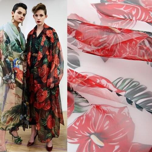 Summer D brand new tropical plant red goose palm flamingo flower organza digital printing fabric designer sewing cloth