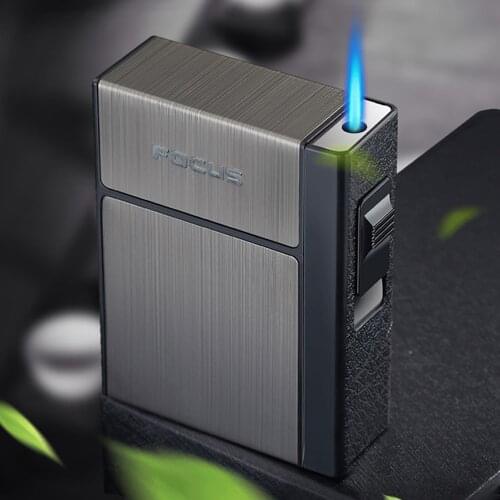 20Pcs Capacity Cigarettes Box Straight Jet Flame Metal Cigarette Case Lighter Windproof Inflatable Lighter Smoking Tool Men Gift