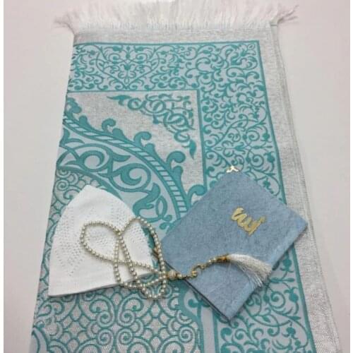 Prayer rug set 4 pieces green muslim set arabic Islam Mevlut Umrah Sijadat skullcap prayer rug Yasin i Sharif