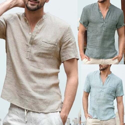 Men Plus Size Linen Short Sleeve Shirts Casual Solid Tunic Buttoned half-open Split Tops Male Summer Tops Tee Pullover 3XL