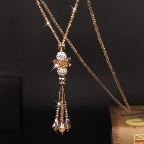 2020 New Elegant Handmade Strand Long Tassel Necklace Women Fashion Simple Flower Crystal Sweater Chain Lady Joker Jewelry