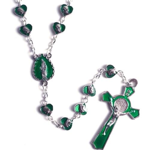 New Fashion Popular Religious Green Heart Alloy Beads Madonna Catholic Chain Rosary Necklace