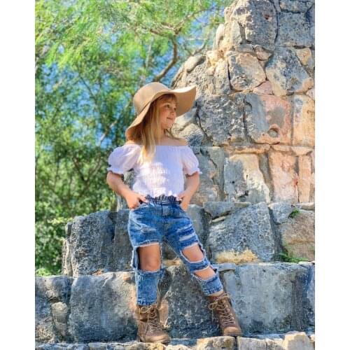 1-6 Years Clothing Sets Solid Short Sleeve Girl’s T-shirt Trousers Suit Fashion Solid Color Puff Sleeve Tops and Ripped Pants