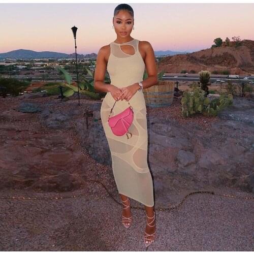 Patchwork Dress Hollow Out Skinny Solid Maxi Sundress Womens Clothes 2021 Sexy Robe Mesh Elegant Sleeveless Long Party Dresses