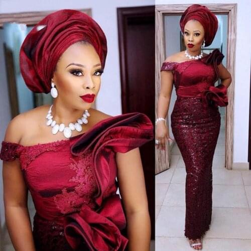 Burgundy Aso Ebi South African Evening Dresses Sheath Off The Shoulder Appliques Nigeria Saudi Arabic Evening Gown Prom Dress