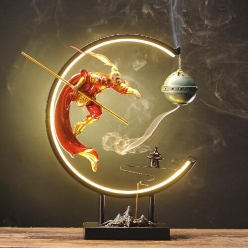 Modern Monkey King Incense Burner Holder Led Light Smoke Fountain Incense Burner Zen Porta Incienso Home Decoration YD50XL