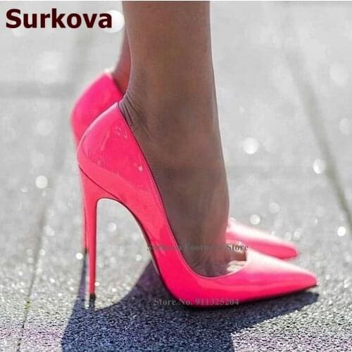 Surkova 12cm High Heel Shallow Cut Dress Pumps Hot Pink Red Patent Leather Wedding Shoes Pointed Toe Size45 Party Heels 10cm 8cm