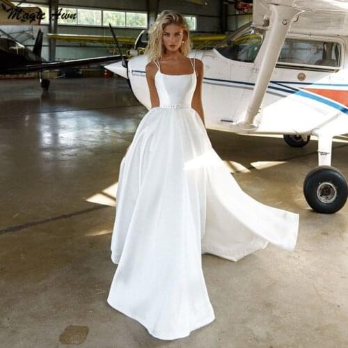 Magic Awn Simple Satin Wedding Dresses 2021 Spaghetti Beaded Corset Back A-Line Country Boho Bridal Gowns Sweep Train Cheap Robe