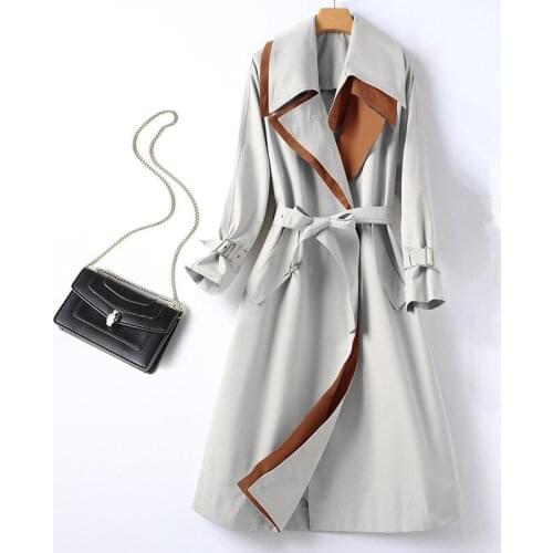 New High Quality Women Trench Coat Single Breasted Patchwork Trench Women Fashion Slim Long Trench Coat with Leather Belt