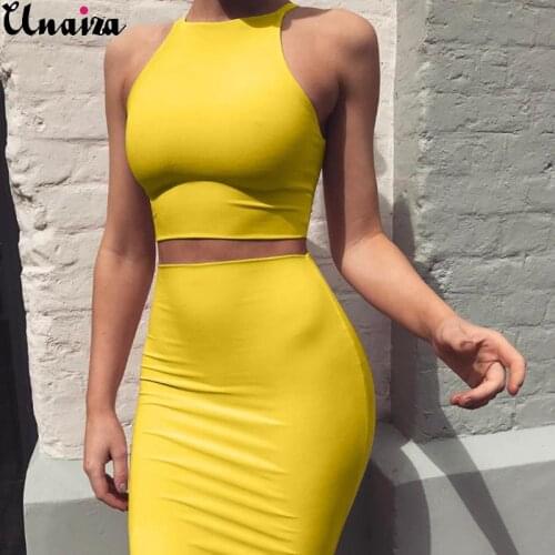 UNAIZA Womens Vest Dress Round Neck Sleeveless Suit Mid Skirt Slim Two-Piece Sexy casual Solid Color 2021 Fashion Elegant Dress