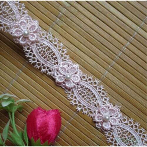 3 Yards Soluble Pink Polyester Pearl Flower Embroidered Fabric Lace Trim Ribbon Handmade DIY Sewing Craft For Costume Decoration