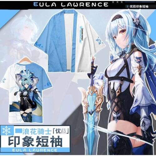 Anime Genshin Impact Eula Lawrence Casual Short Sleeve Hooded T-Shirt Haori Shorts Cosplay Summer New Unisex Loose Vest Tops