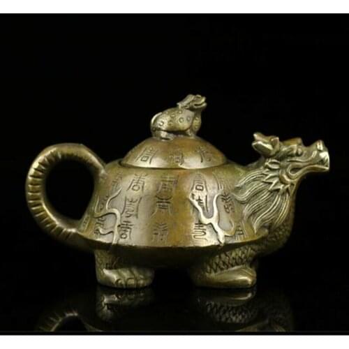 Antique Bronze Statue lucky Dragon Head Tortoise Turtle teapot wine pot