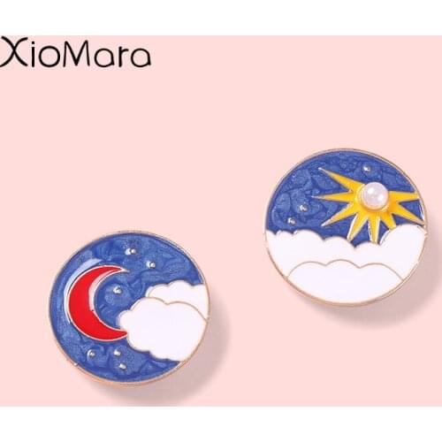 Starry Sky Moon Night Moon And Sun Oil Painting Brooches Cloud Pearl Lapel Pins Couple Unique Badges Gifts For Women Lovers