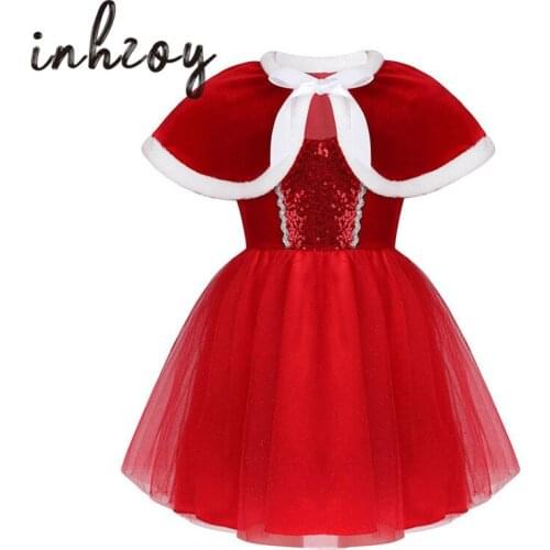 Kids Shiny Sequins Mesh Tutu Figure Skating Dress with Capelet Set Children Girls Stage Performance Dancewear Christmas Costume