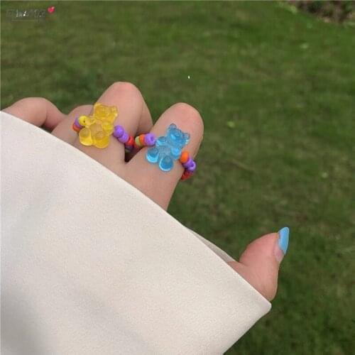 FIMAODZ Cute Bear Ring for Women Trendy Candy Color Cartoon Animal Boho Beaded Rings Kids Jewelry