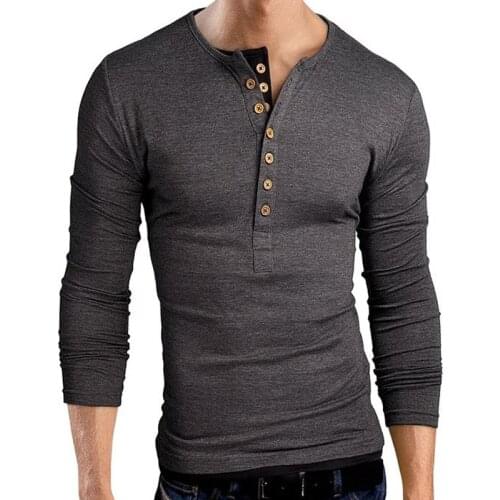 Hot Sale Spring Fashion Slim Fit Men T- Shirts Long Sleeve Tees Mans Button Collar V-neck T-shirt Cotton High Quality