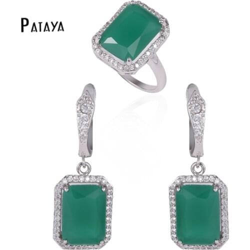 PATAYA Bridal Jewelry Sets Green Square Natural Cubic Zirconia Ring Earrings Sets High Quality Wedding Accessories Jewelry Set