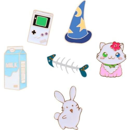 Lovely Enamel Cartoon Brooches Pins Women Kitty Cute Bunny Milk Fish Bone Game Jeans Lapel Pin Bag Hat Badges Jewelry Kid Gifts