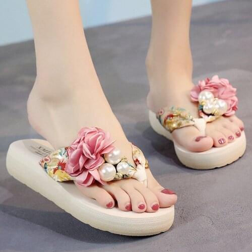Best-selling Women Bohemian Slippers Thick-sole Beach Shoes Pink Cuffs Flip-flops Sandals Wedges Flowers Comfortable Slippers