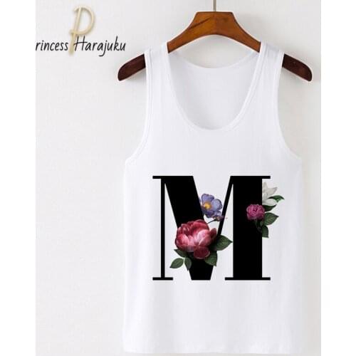 Camisole Tank Tops Women Cartoon 26 English Alphabet Print Tops Tee Female Casual Loose O-neck Sexy White Sleeveless Ladies