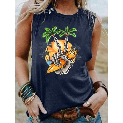 Funny Skull coconut tree Tank top Funny Summer Surf trendy tank Summer style Sleevele shirt women fashion casual vintage tops