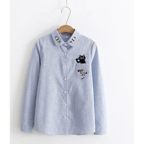 2019 Spring New Cotton Long Sleeve Stripe Shirt Blouses Cat Embroidery Casual Tops Blouses