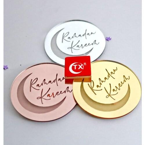 New Eid Mubarak Acrylic Cake Topper Rose Gold Moon Round Baking Cake Topper for Islamic Holiday Cupcake Decoration Supplies