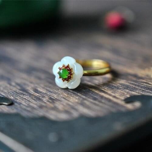 S925 Sterling Silver Flowers Ring Inlaid Natural Hetian Jade Plum Ring Retro Art and Versatile Ring Ornament for Women