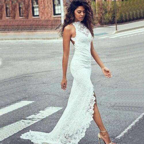 Sexy Sheath Lace Wedding Dresses 2020 O-Neck Bridal Gowns Sweep Train Wedding Gowns Open Back Vestido de noiva