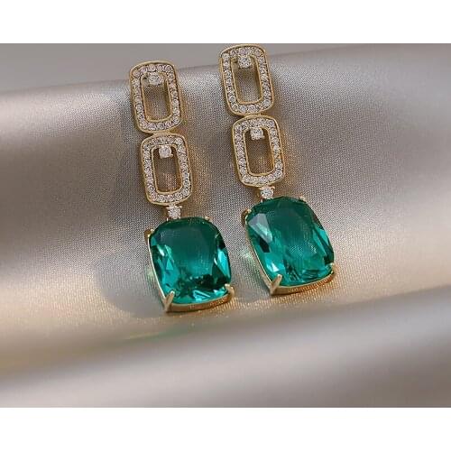 Retro Green Zircon Earrings Geometry Dangle Earrings for Women 2021 New Fashion Jewelry Female Trendy Luxurious Drop Earrings
