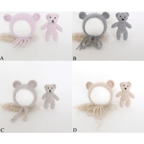 Fluffy Angora Bonnet Teddy Bear Posing Toy Little Knit Newborn Hat Stuffed Mini Posing Doll Newborn Photography Props