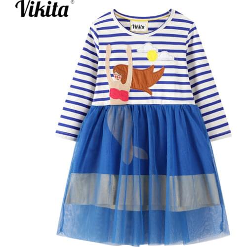 VIKITA Mermaid Dress Girl Clothes Long Sleeve Toddlers Dresses for Girls Clothing Patchwork Kids Casual Cotton Mesh Party Dress
