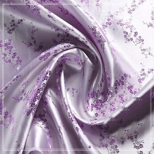 High quality brocade jacquard polyester white background purple plum blossom fabric for women dress tissue patchwork by 100x90