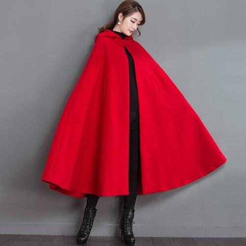 Autumn Winter Womens Capes Red Hooded Poncho Woolen Coats Batwing Long Cloak Capas Mujer Christmas Halloween Overcoat Outwear