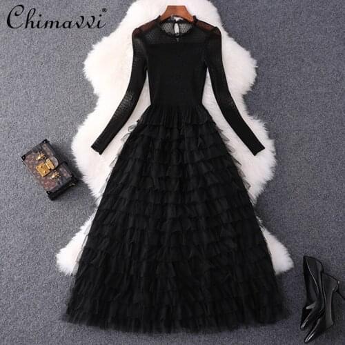 2021 Autumn Women Clothing High-End Black Mesh Stretch High Waist Slim Dress Fashion Long Sleeve Maxi Cake Dress Feminine