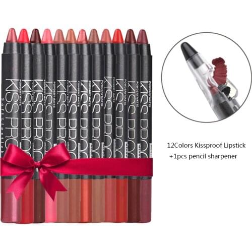 MR0011 New 12 Color/Pack KISS PROOF Sexy Beauty Waterproof Lipstick Pen Lasting Do Not Fade Lipstick Gift 1Pcs Pencil Sharpener