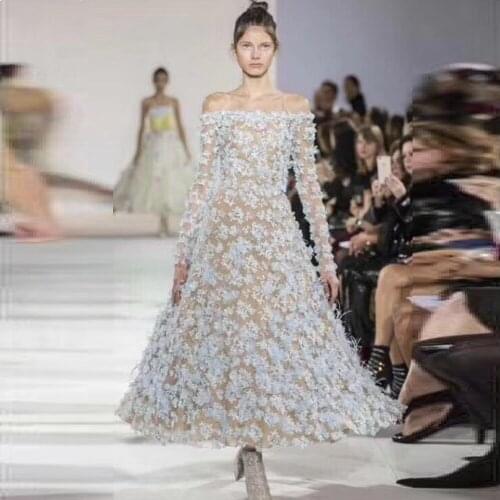 2019 Fashion Elegant Sky Blue Mesh Dress Flowers Long Sleeve Off The Shoulder Celebrity Party Vestidos Long Mermaid Wholesale