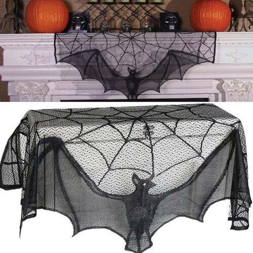 93x57cm Halloween Decoration Black Lace Cobweb Spider Web Bat Fireplace Mantle Scarf Cover Cloth For Home Festival Party Supply